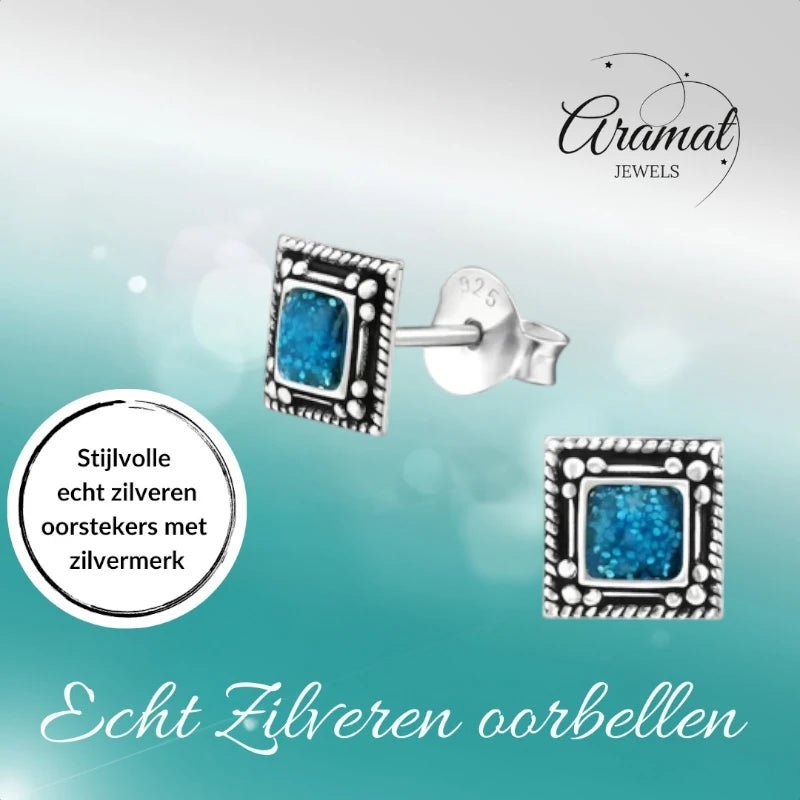 Oorstekers &acirc;&euro;&ldquo; Echt Zilver Bali Design Vierkant Blauw Emaille Glitter 6mm -