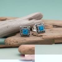Oorstekers &acirc;&euro;&ldquo; Echt Zilver Bali Design Vierkant Blauw Emaille Glitter 6mm -