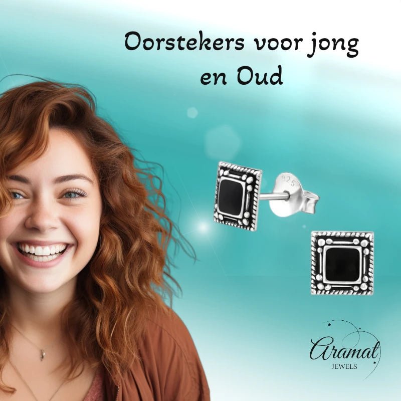 Oorstekers &acirc;&euro;&ldquo; 925 Zilver Bali Oorbellen Vierkant Zwart Emaille 6mm Geoxideerd - Da