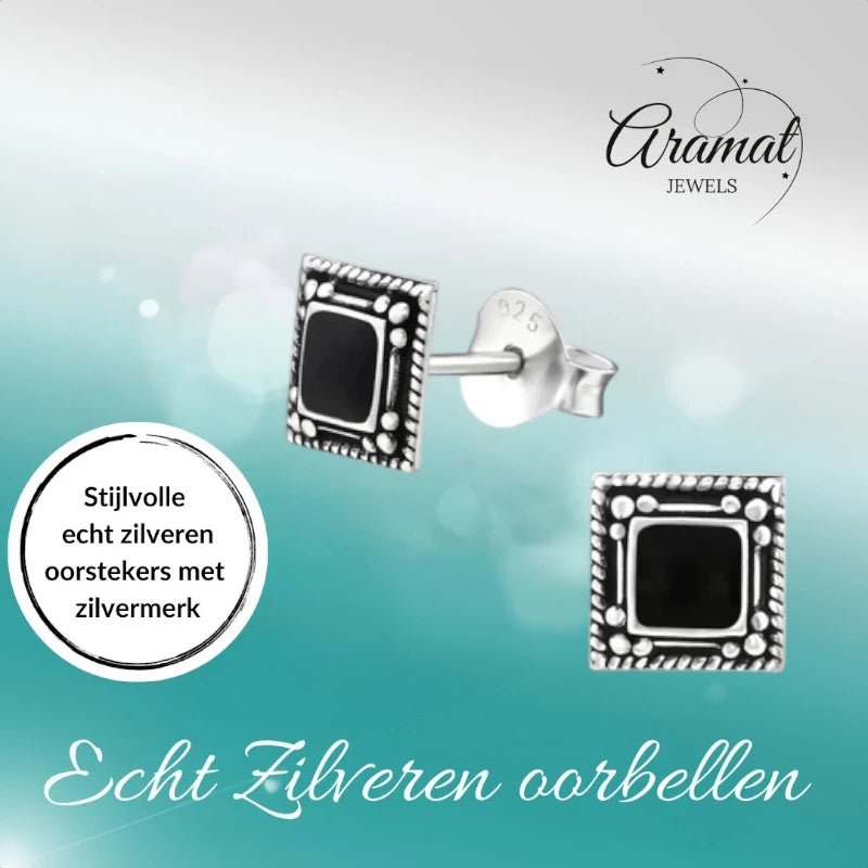 Oorstekers &acirc;&euro;&ldquo; 925 Zilver Bali Oorbellen Vierkant Zwart Emaille 6mm Geoxideerd - Da