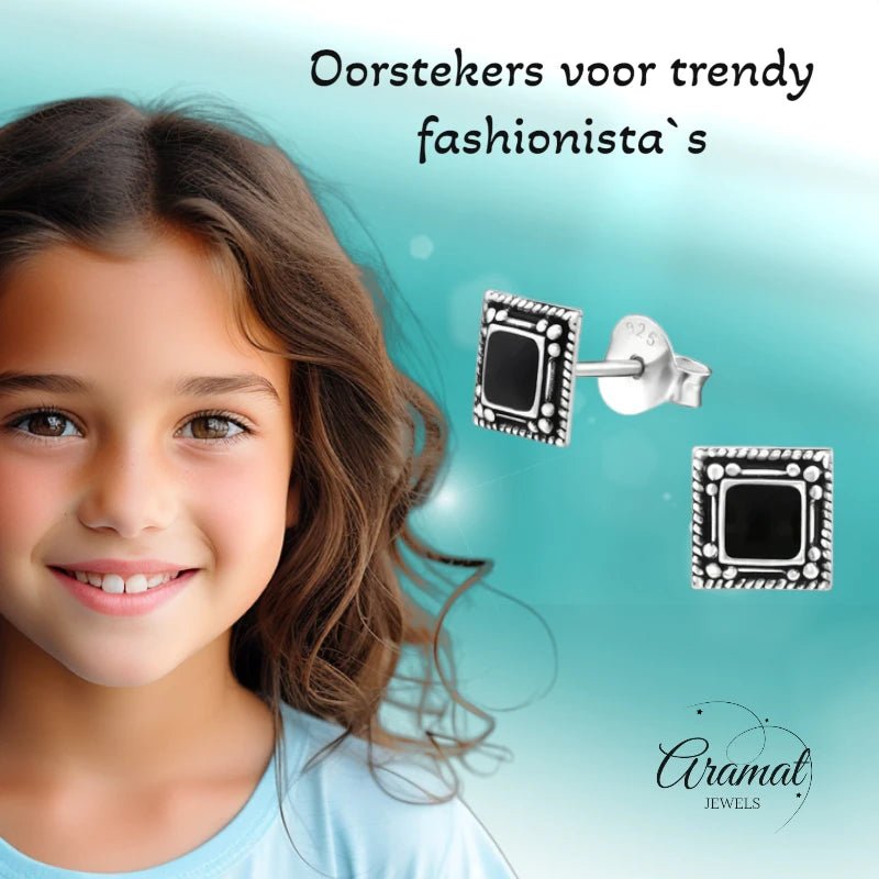 Oorstekers &acirc;&euro;&ldquo; 925 Zilver Bali Oorbellen Vierkant Zwart Emaille 6mm Geoxideerd - Da
