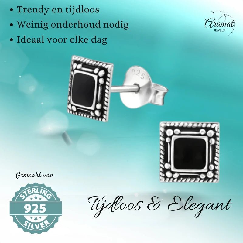 Oorstekers &acirc;&euro;&ldquo; 925 Zilver Bali Oorbellen Vierkant Zwart Emaille 6mm Geoxideerd - Da