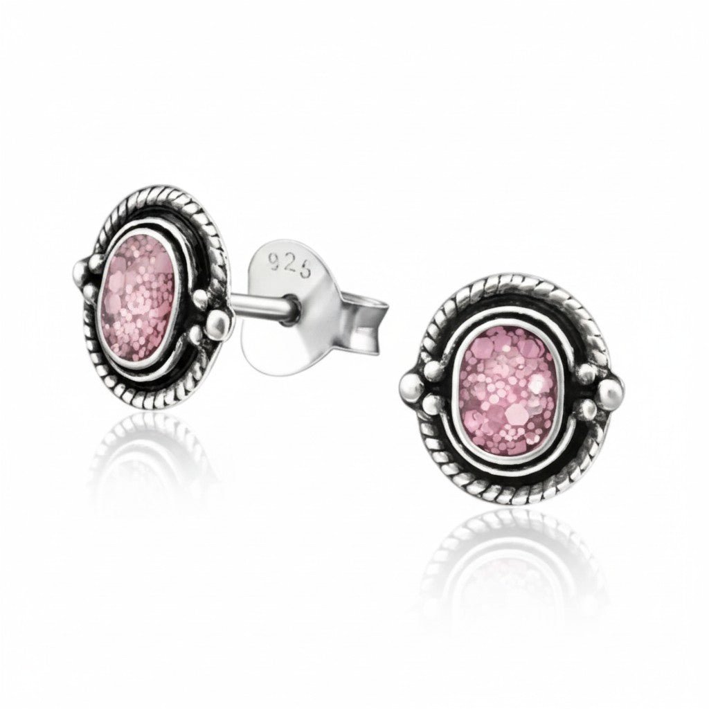 Oorstekers &acirc;&euro;&ldquo; 925 Zilver Bali Oorbellen Ovaal Roze Glitter 8x5mm Geoxideerd - Dame
