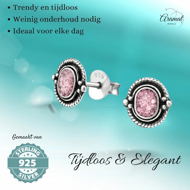 Oorstekers &acirc;&euro;&ldquo; 925 Zilver Bali Oorbellen Ovaal Roze Glitter 8x5mm Geoxideerd - Dame