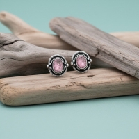 Oorstekers &acirc;&euro;&ldquo; 925 Zilver Bali Oorbellen Ovaal Roze Glitter 8x5mm Geoxideerd - Dame