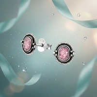 Oorstekers &acirc;&euro;&ldquo; 925 Zilver Bali Oorbellen Ovaal Roze Glitter 8x5mm Geoxideerd - Dame