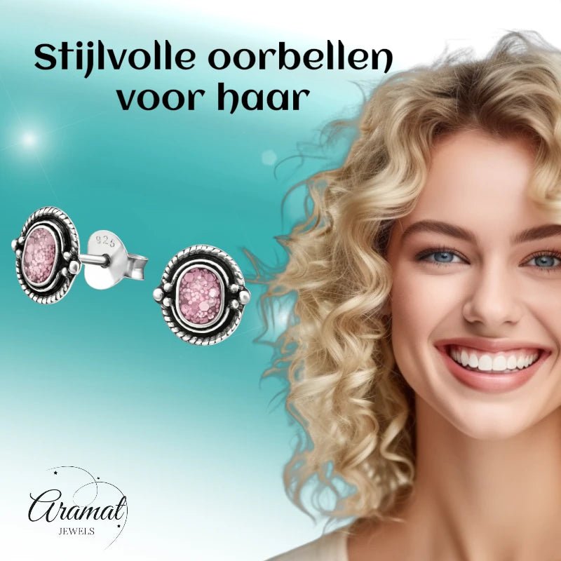 Oorstekers &acirc;&euro;&ldquo; 925 Zilver Bali Oorbellen Ovaal Roze Glitter 8x5mm Geoxideerd - Dame