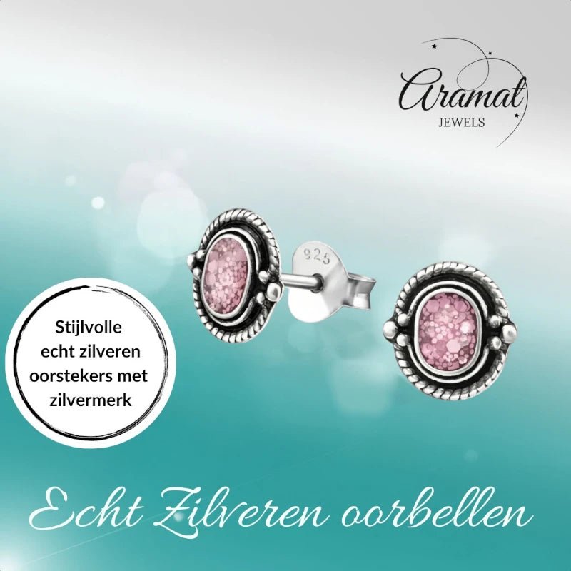 Oorstekers &acirc;&euro;&ldquo; 925 Zilver Bali Oorbellen Ovaal Roze Glitter 8x5mm Geoxideerd - Dame