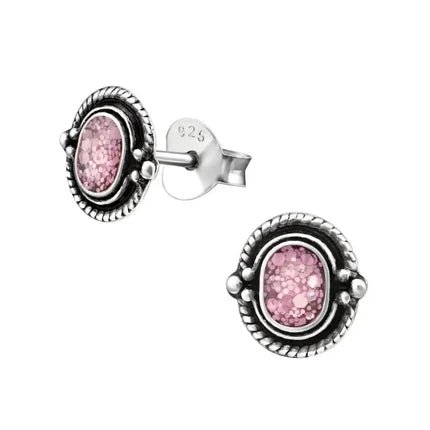 Oorstekers &acirc;&euro;&ldquo; 925 Zilver Bali Oorbellen Ovaal Roze Glitter 8x5mm Geoxideerd - Dame