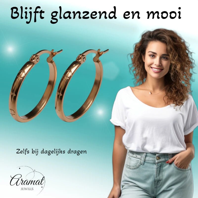 RVS Oorringen met Anker- en Sterrenmotief Ros&Atilde;&copy;goudkleur 25mm -
