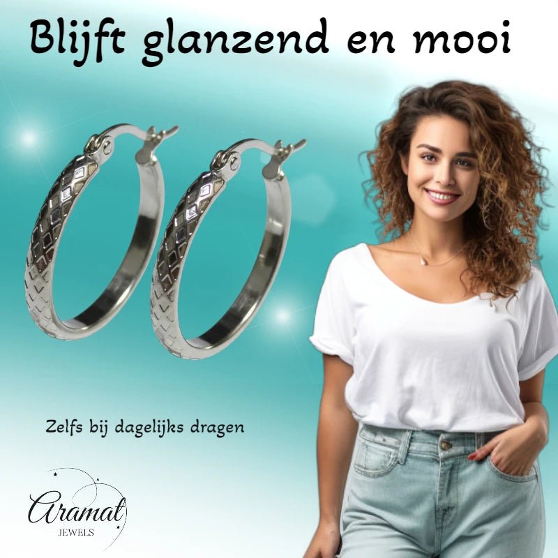 Oorringen &ndash; 25mm Creool Ruitjes Patroon RVS Zilverkleur Dames