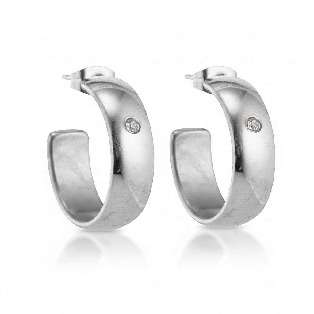 Brede RVS Oorringen met Zirkonia Accent Zilverkleur 23mm x 7mm -