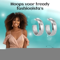 Brede RVS Oorringen met Zirkonia Accent Zilverkleur 23mm x 7mm -