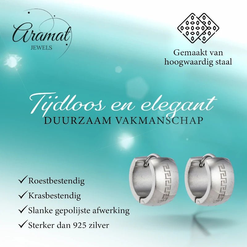 Oorringen &ndash; 20mm Creolen Grieks Motief Gelaserd RVS Zilverkleur Unisex