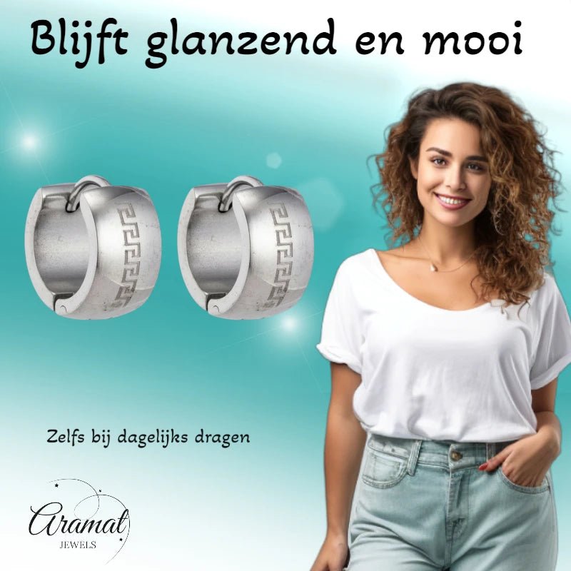 Oorringen &ndash; 20mm Creolen Grieks Motief Gelaserd RVS Zilverkleur Unisex