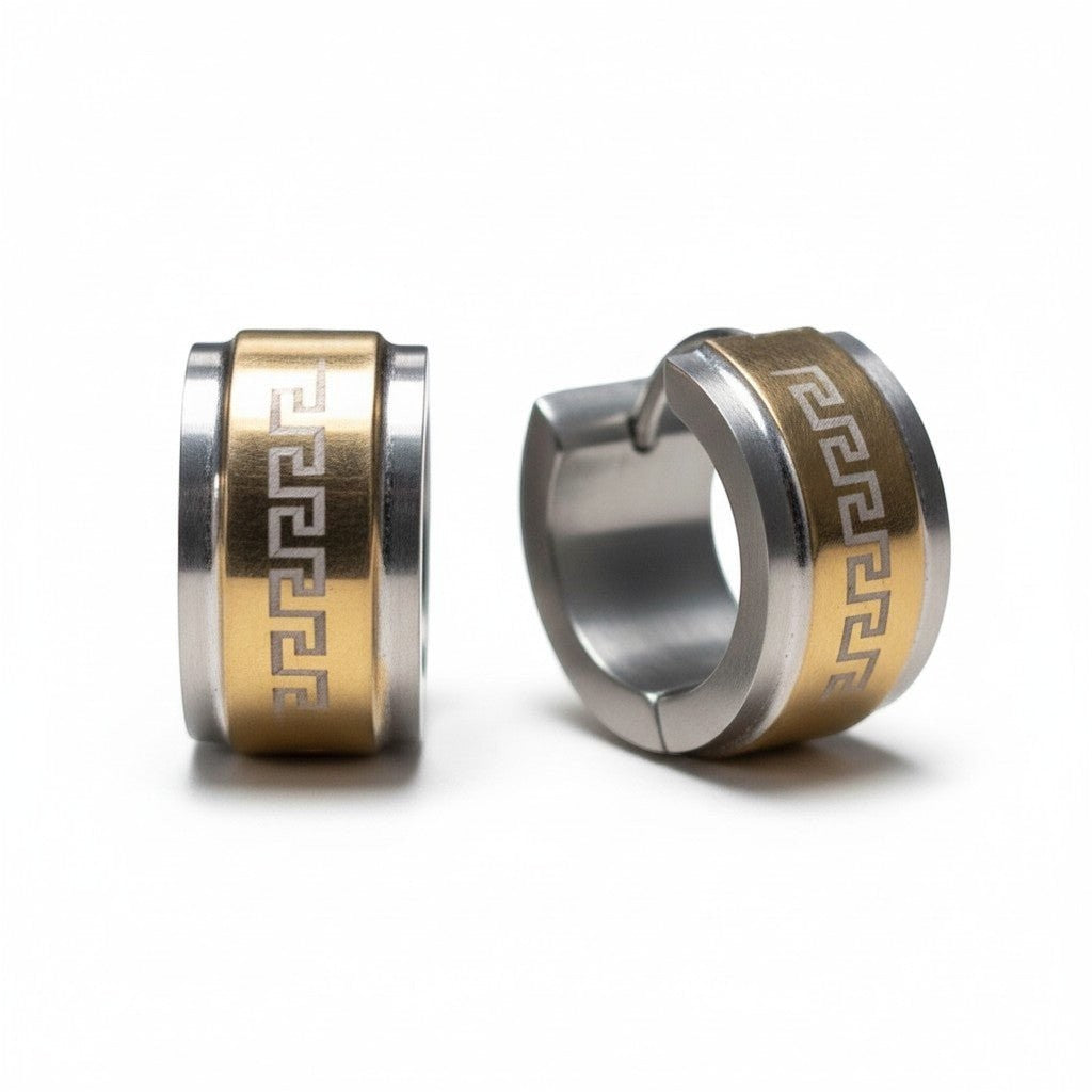 Bicolor RVS Oorringen Grieks Motief Goud & Zilver 13mm -