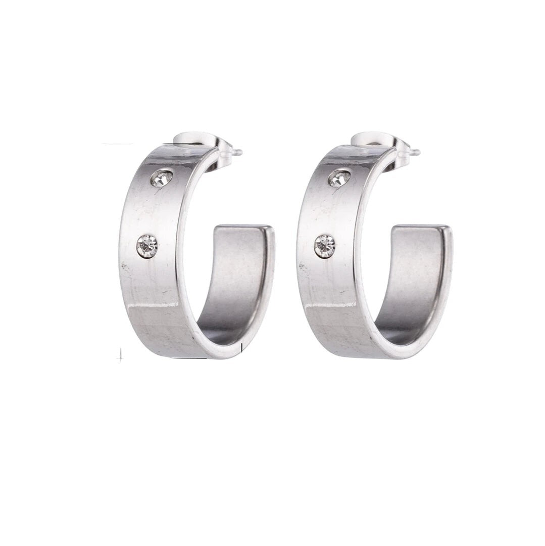 Zilverkleurige Brede RVS Oorringen met Dubbele Zirkonia 23mm -
