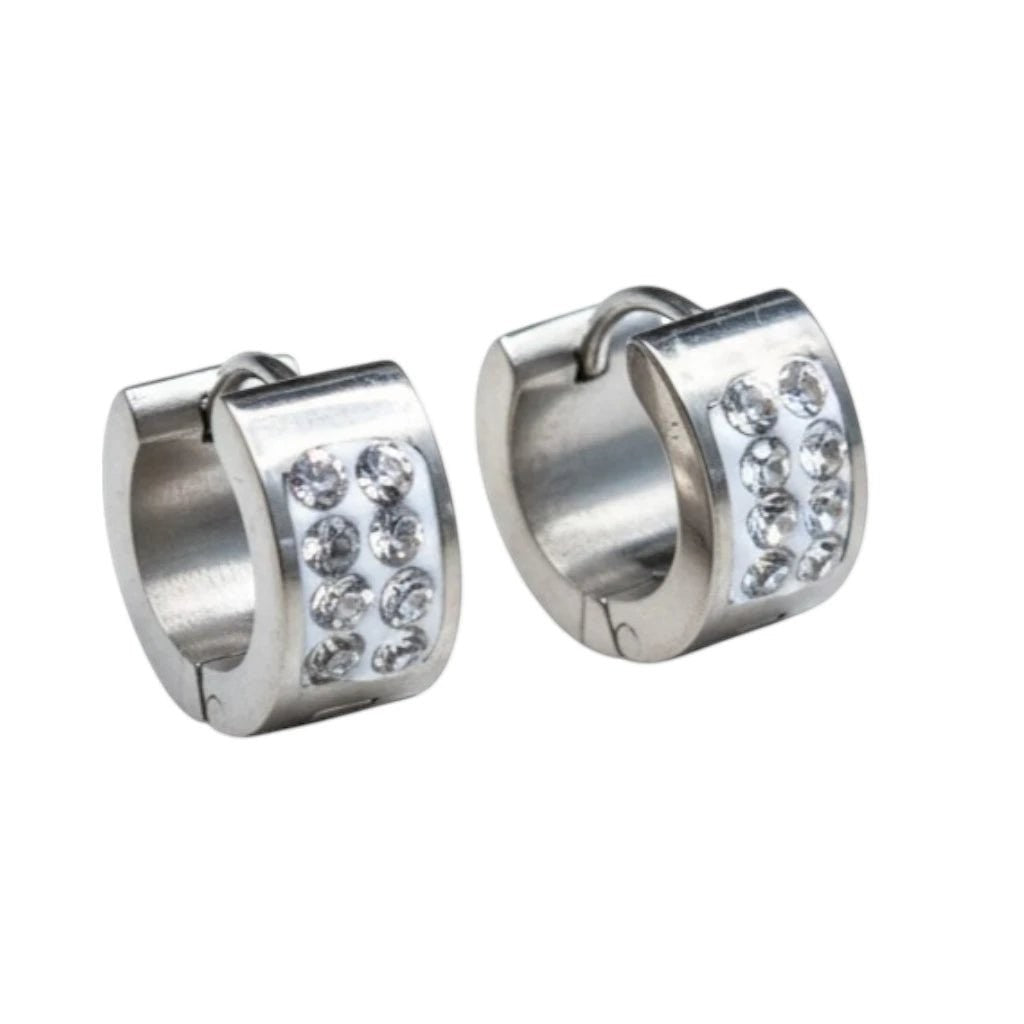 Zilverkleurige Mini RVS Oorringen met 2 Rijen Kristal 13x7mm -
