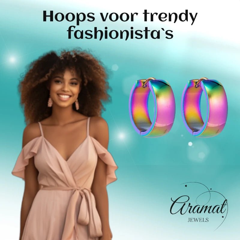 RVS Huggie Oorringen Glad Regenboogkleur 20mm - Unisex