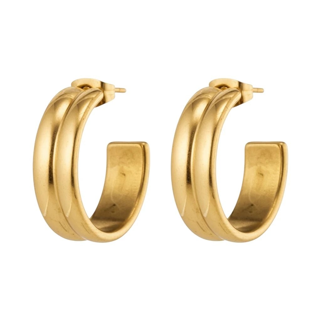 Oorbellen &acirc;&euro;&ldquo; 23mm Half-Hoop 2 Strepen RVS Goudkleur Dames -