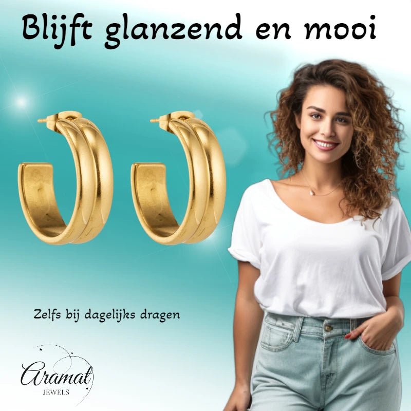 Oorbellen &ndash; 23mm Half-Hoop 2 Strepen RVS Goudkleur Dames