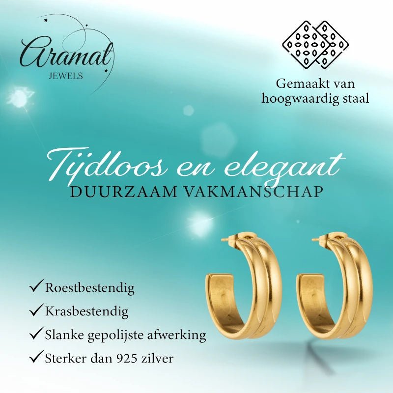 Oorbellen &ndash; 23mm Half-Hoop 2 Strepen RVS Goudkleur Dames