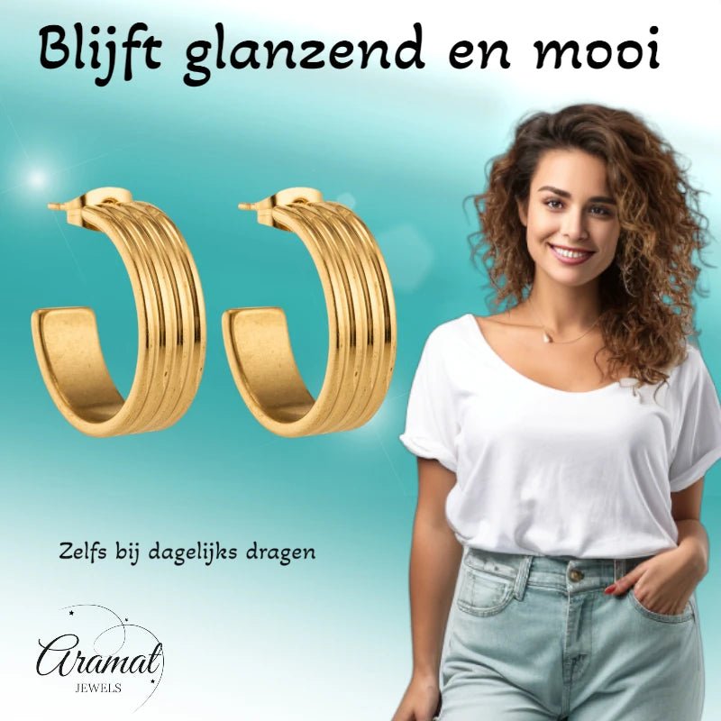 Oorbellen &ndash; 23mm Half-Hoop Streeprelief RVS Goudkleur Dames