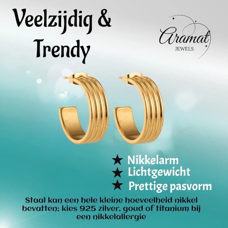 Oorbellen &ndash; 23mm Half-Hoop Streeprelief RVS Goudkleur Dames