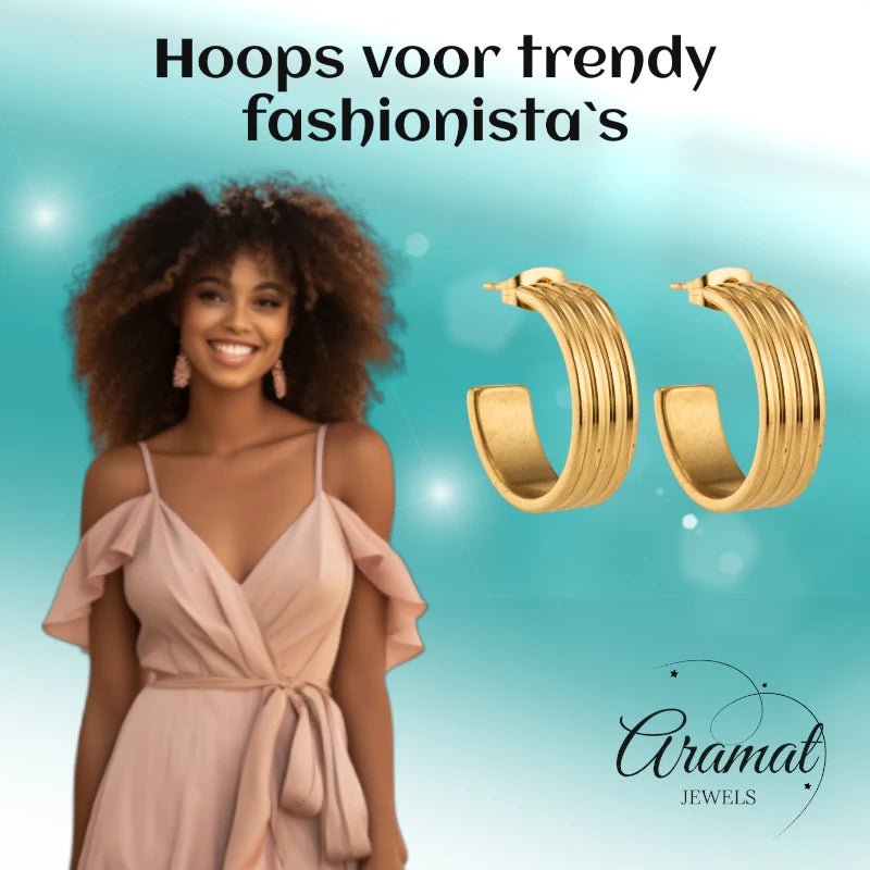 Oorbellen &ndash; 23mm Half-Hoop Streeprelief RVS Goudkleur Dames