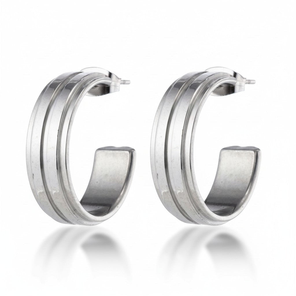 Oorbellen &acirc;&euro;&ldquo; 23mm Half-Hoop 2 Strepen RVS Zilverkleur Dames -