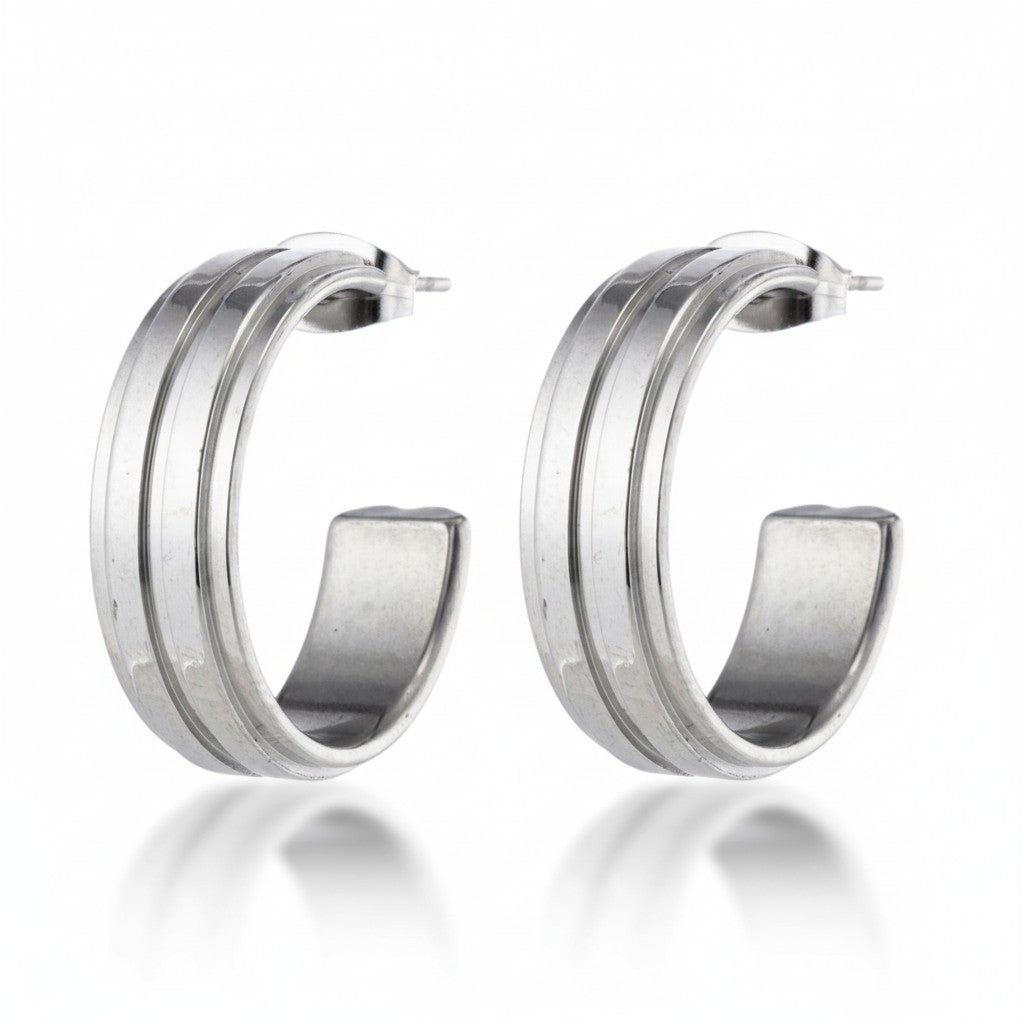 Oorbellen &ndash; 23mm Half-Hoop 2 Strepen RVS Zilverkleur Dames