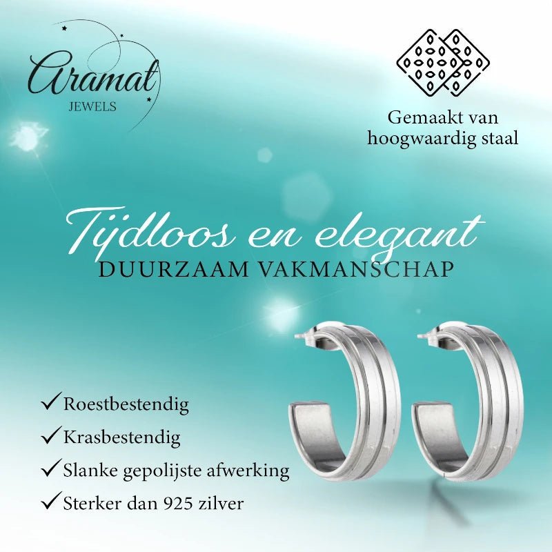 Oorbellen &ndash; 23mm Half-Hoop 2 Strepen RVS Zilverkleur Dames