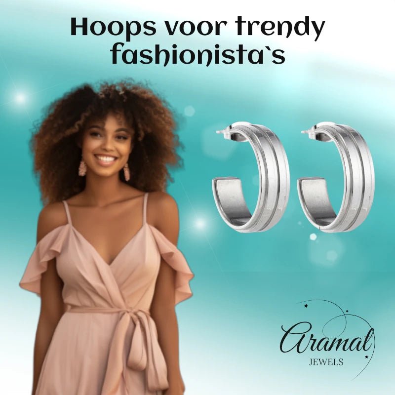 Oorbellen &ndash; 23mm Half-Hoop 2 Strepen RVS Zilverkleur Dames