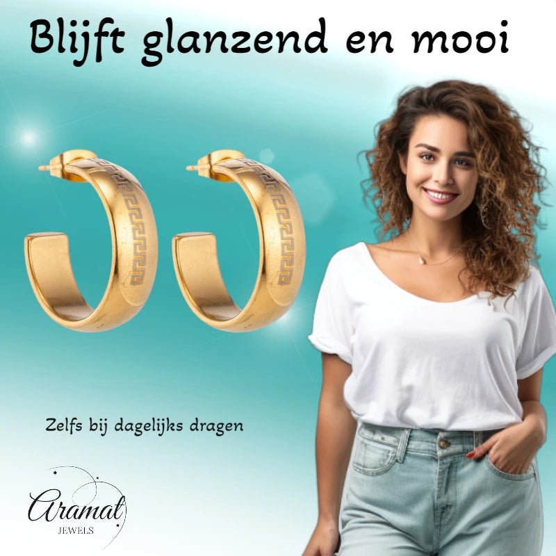 Oorbellen &ndash; 22mm Half-Hoop Grieks Motief RVS Goudkleur Dame