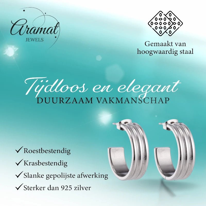 Oorbellen &ndash; 23mm Half-Hoop Streeprelief op RVS Zilverkleur