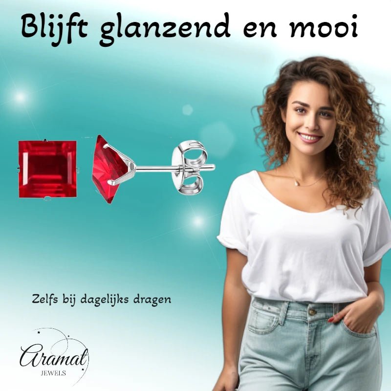 Oorbellen &acirc;&euro;&ldquo; 8mm Vierkante Zirkonia Rood op RVS Zilverkleur -
