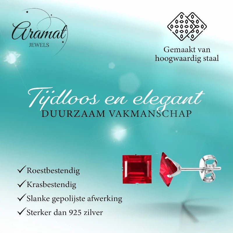 Oorbellen &acirc;&euro;&ldquo; 8mm Vierkante Zirkonia Rood op RVS Zilverkleur -