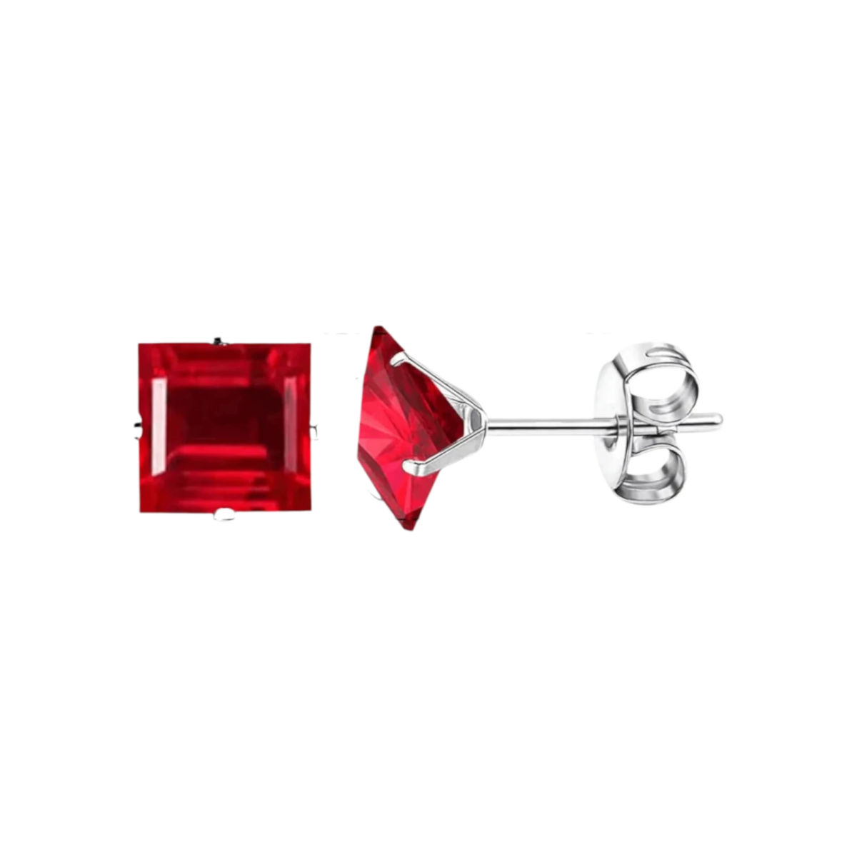 Oorbellen &acirc;&euro;&ldquo; 8mm Vierkante Zirkonia Rood op RVS Zilverkleur -