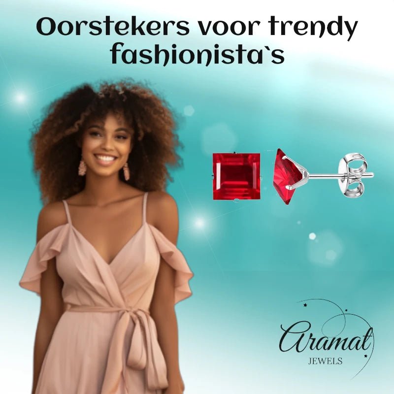 Oorbellen &acirc;&euro;&ldquo; 8mm Vierkante Zirkonia Rood op RVS Zilverkleur -
