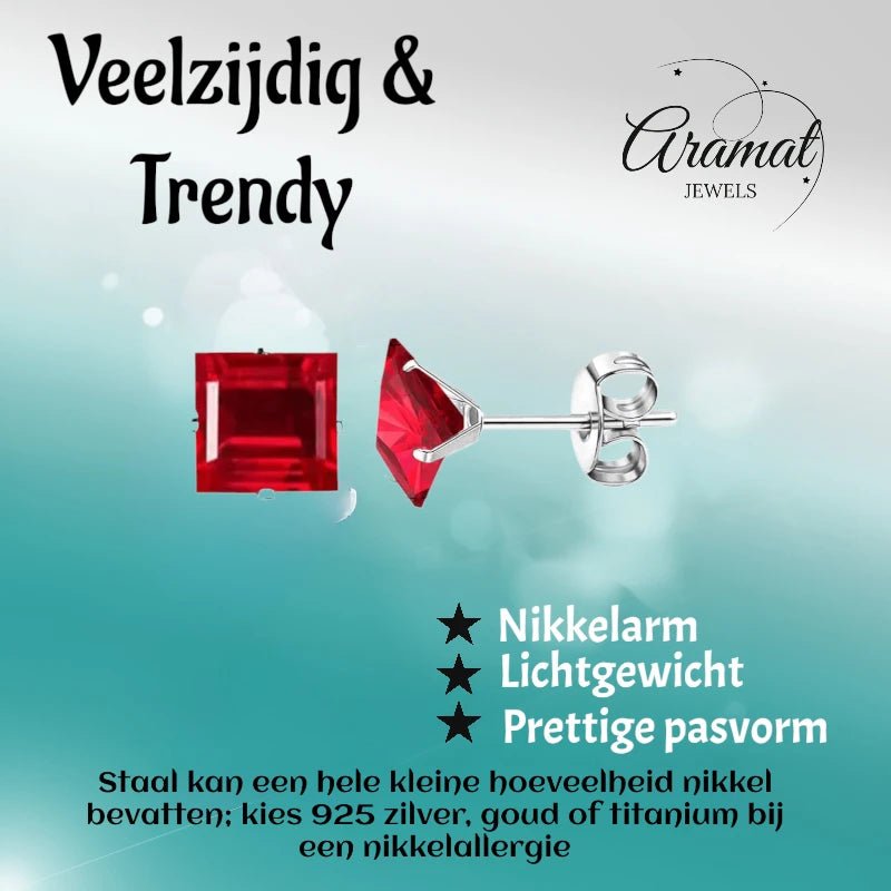 Oorbellen &acirc;&euro;&ldquo; 8mm Vierkante Zirkonia Rood op RVS Zilverkleur -