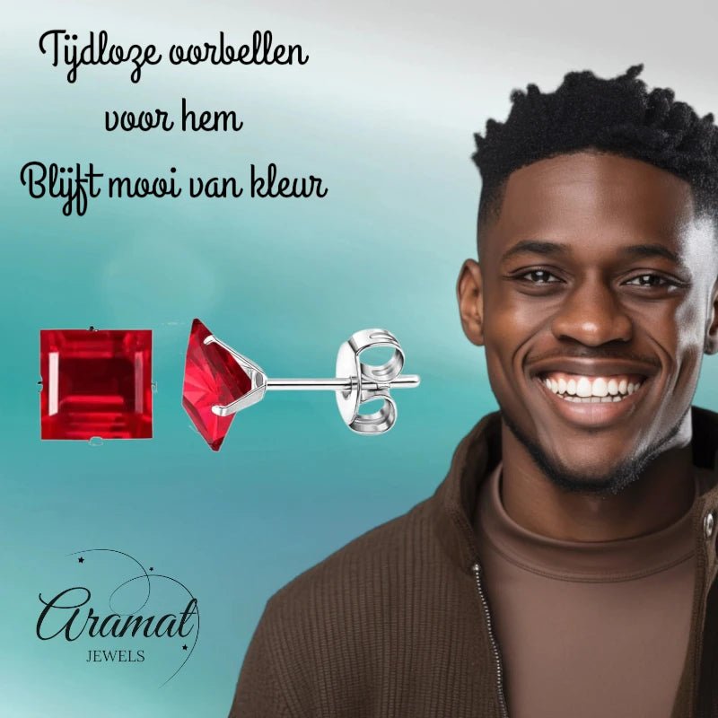 Oorbellen &acirc;&euro;&ldquo; 8mm Vierkante Zirkonia Rood op RVS Zilverkleur -