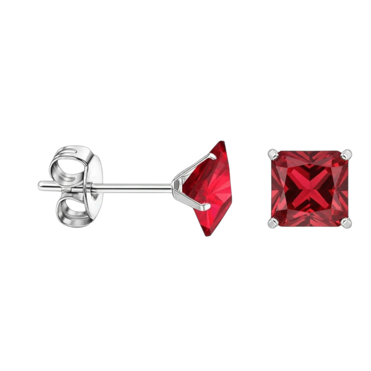 Oorbellen &acirc;&euro;&ldquo; 7mm Vierkante Zirkonia Rood op RVS Zilverkleur -