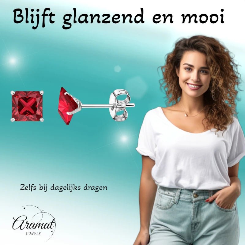 Oorbellen &acirc;&euro;&ldquo; 7mm Vierkante Zirkonia Rood op RVS Zilverkleur -