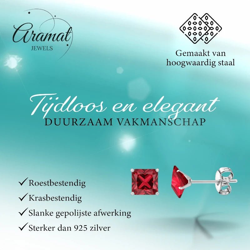 Oorbellen &acirc;&euro;&ldquo; 7mm Vierkante Zirkonia Rood op RVS Zilverkleur -