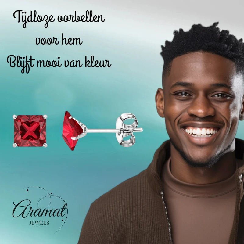 Oorbellen &acirc;&euro;&ldquo; 7mm Vierkante Zirkonia Rood op RVS Zilverkleur -