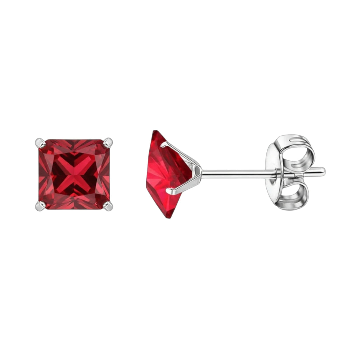 Oorbellen &acirc;&euro;&ldquo; 7mm Vierkante Zirkonia Rood op RVS Zilverkleur -