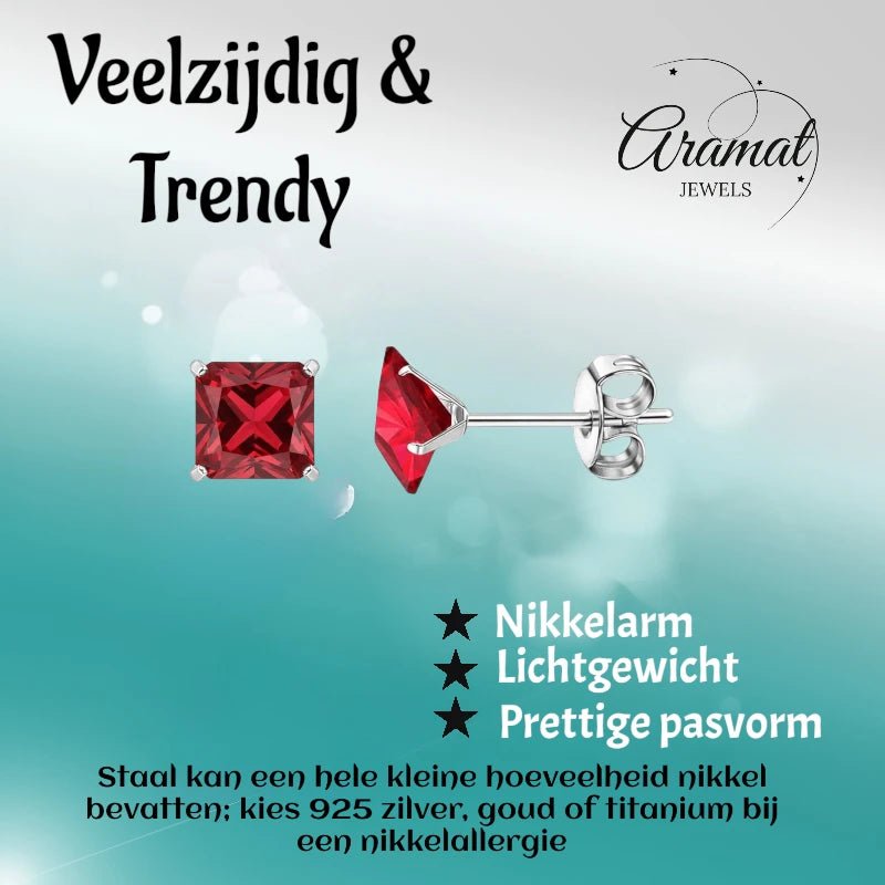 Oorbellen &acirc;&euro;&ldquo; 7mm Vierkante Zirkonia Rood op RVS Zilverkleur -