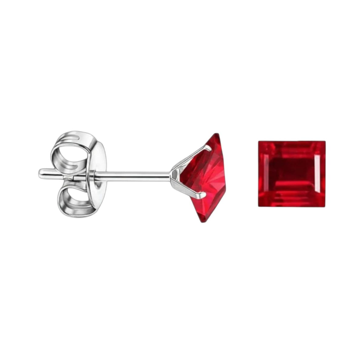 Oorbellen &acirc;&euro;&ldquo; 6mm Vierkante Zirkonia Rood op RVS Zilverkleur -