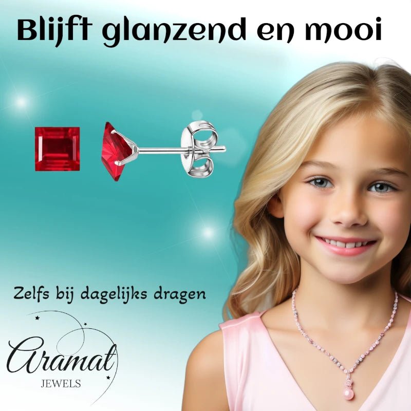 Oorbellen &acirc;&euro;&ldquo; 6mm Vierkante Zirkonia Rood op RVS Zilverkleur -