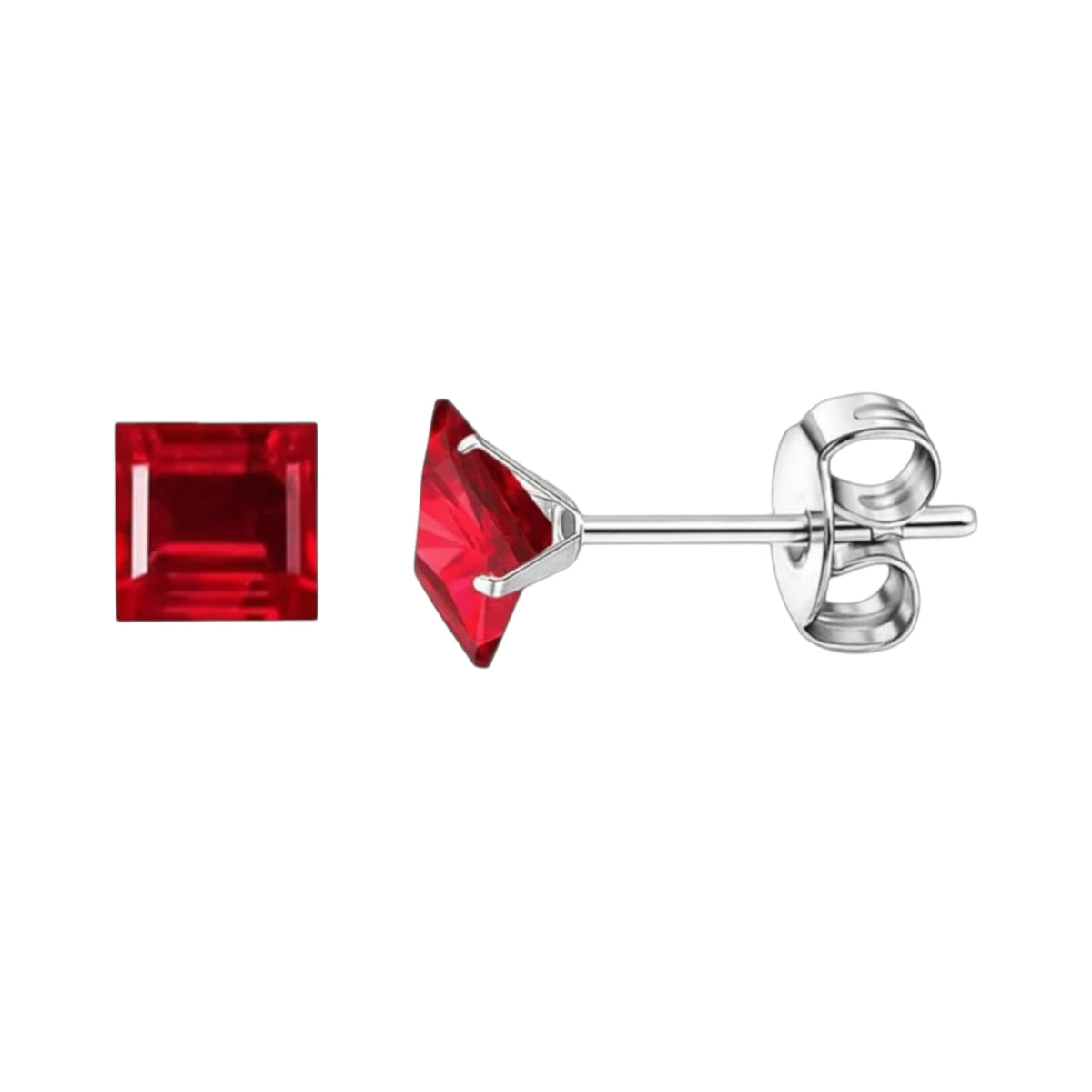 Oorbellen &acirc;&euro;&ldquo; 6mm Vierkante Zirkonia Rood op RVS Zilverkleur -
